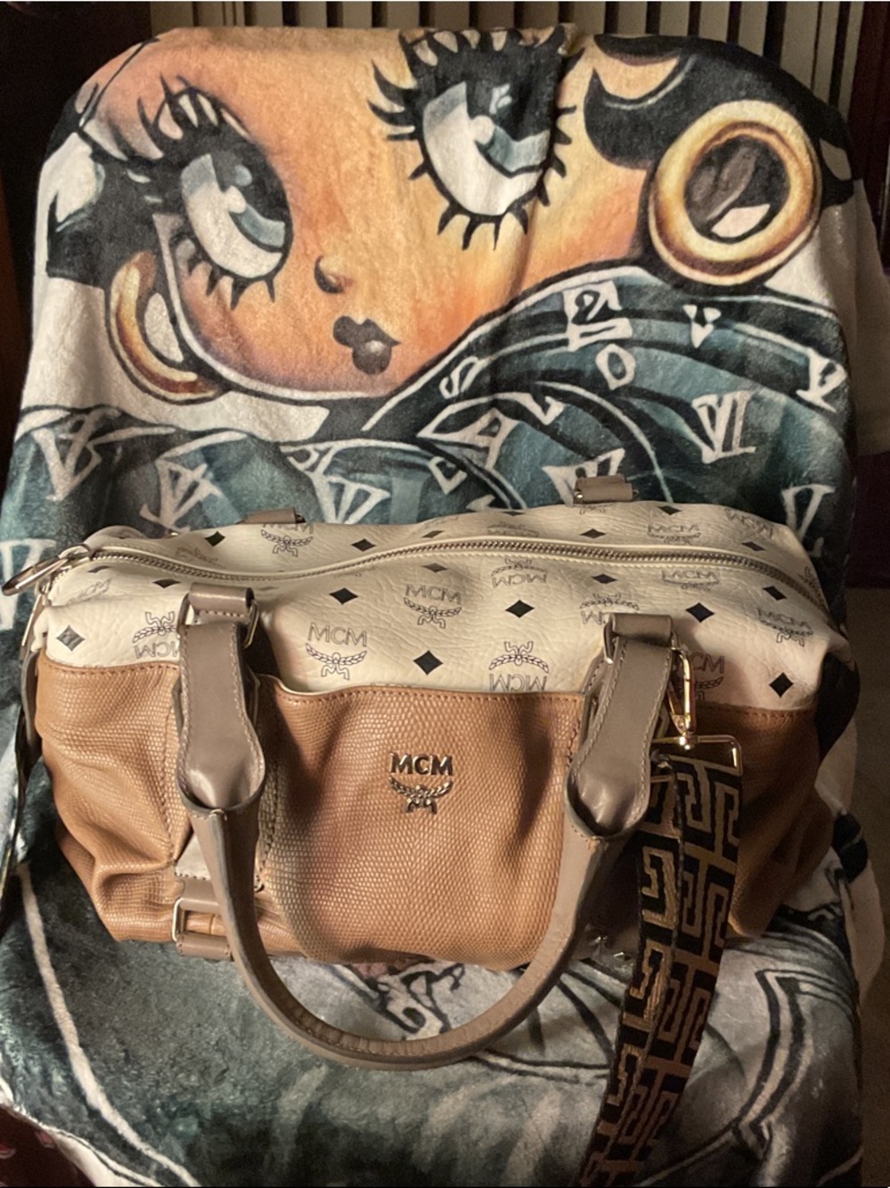 MCM Two-Tone Cognac and Beige Logo Satchel with Patterned Strap